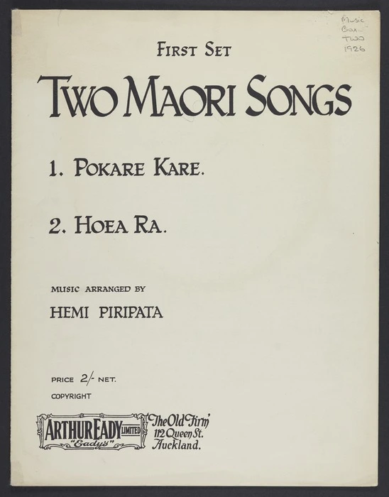 Two Māori songs. First set, 1. Pokare kare 2. Hoea rā / music arranged by Hemi Piripata.