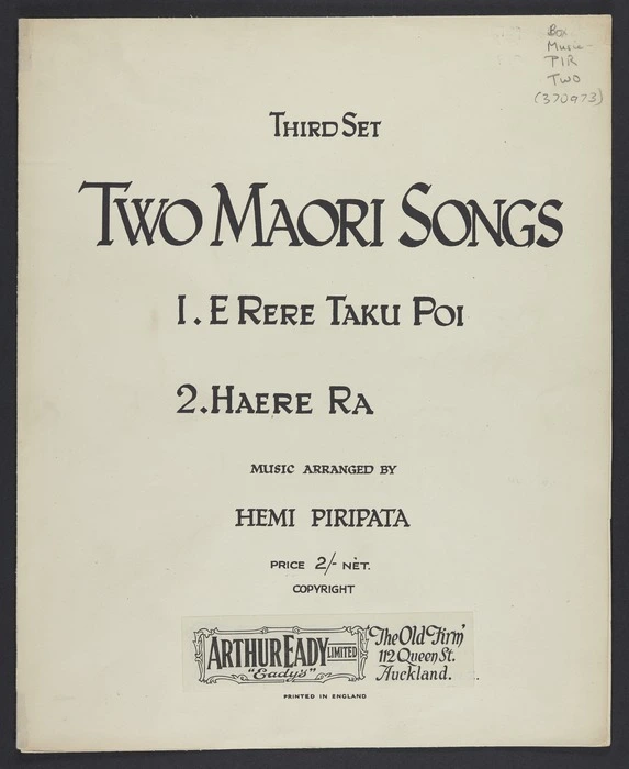 Two Māori songs. Third set, 1. E rere tāku poi, 2. Haere rā / music arranged by Hemi Piripata.