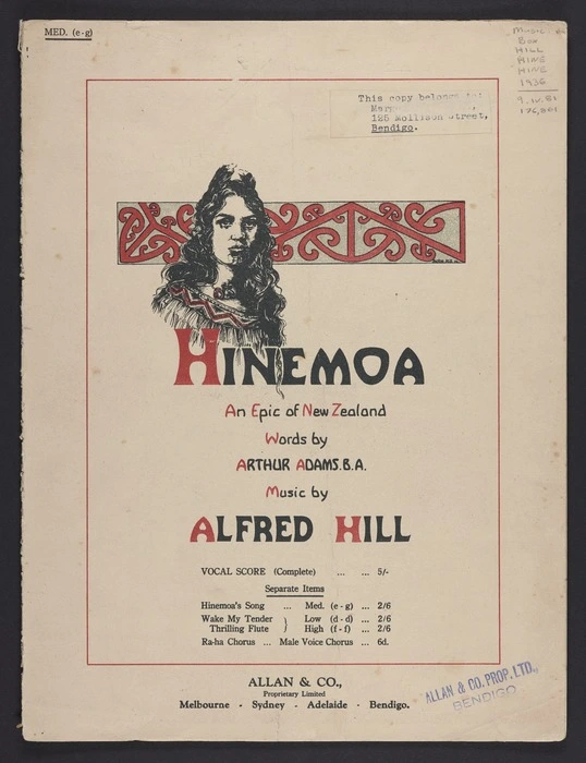 Hinemoa's song : from Hinemoa / words by Arthur Adams ; music by Alfred Hill.