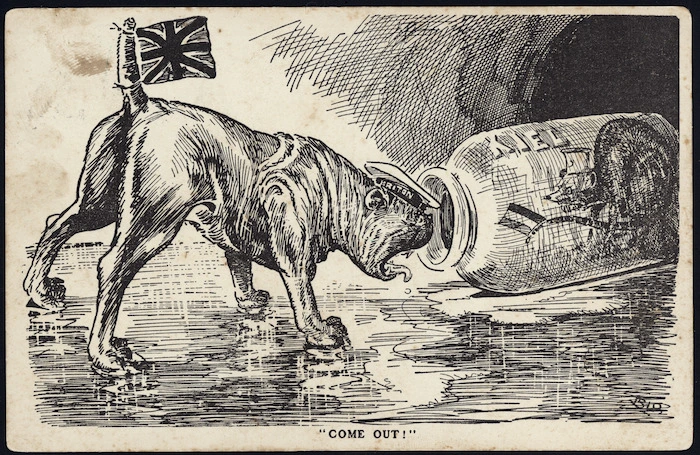 Blomfield, William, 1866-1938 :"Come out!". "N.Z. Observer" postcard [1914].
