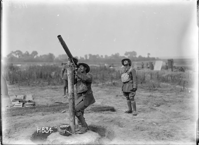 Soldiers on the anti-aircraft guard of the New Zealand Pioneer Maori Battalion camp, Bayencourt, France