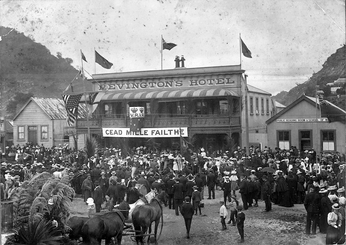 Crowd outside Revington's Hotel in Greymouth