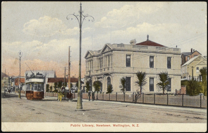 [Postcard]. Public Library, Newtown, Wellington, N.Z. New Zealand post card (carte postale), printed in Germany. Fergusson Limited Sydney and London W 64. Industria-series. [ca 1904-1914].