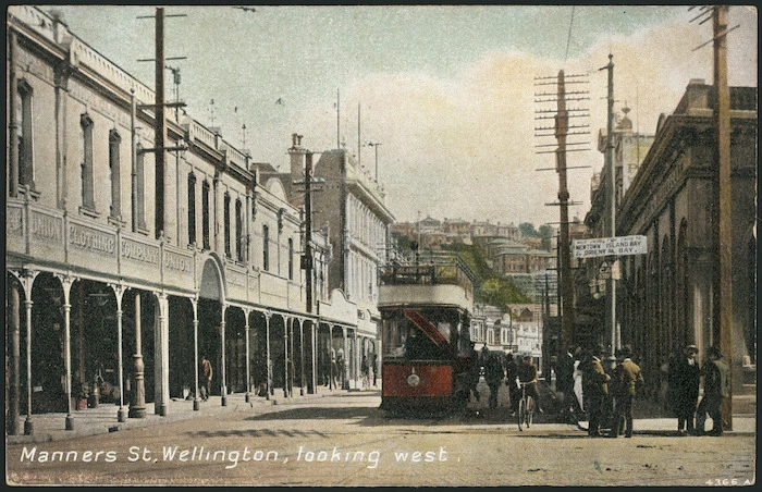 [Postcard]. Manners St[reet], Wellington, looking west. 4366A. New Zealand post card (carte postale), printed in Britain. F.T. series no 2616. [ca 1904-1914].
