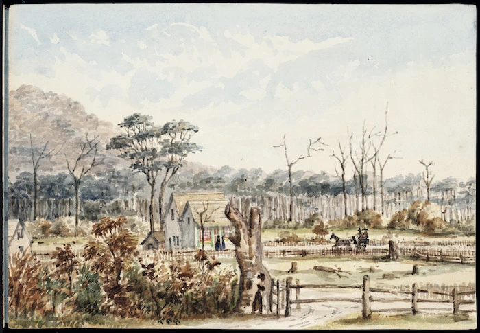 Hutton, Thomas Biddulph, 1824-1886 :[Farmhouse, Hutt Valley. 1861]