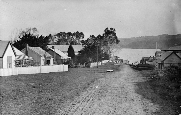 View of Rawene showing dirt road and houses with picket fences