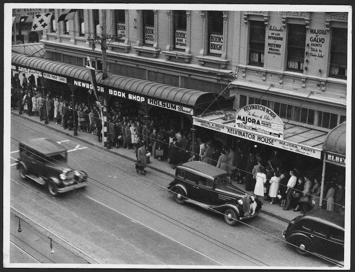 Crowd outside Newbolds Bookshop, George Street, Dunedin