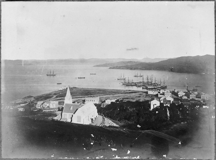 View of Wellington Harbour, The Terrace School and reclaimed land - Photograph taken by James Bragge