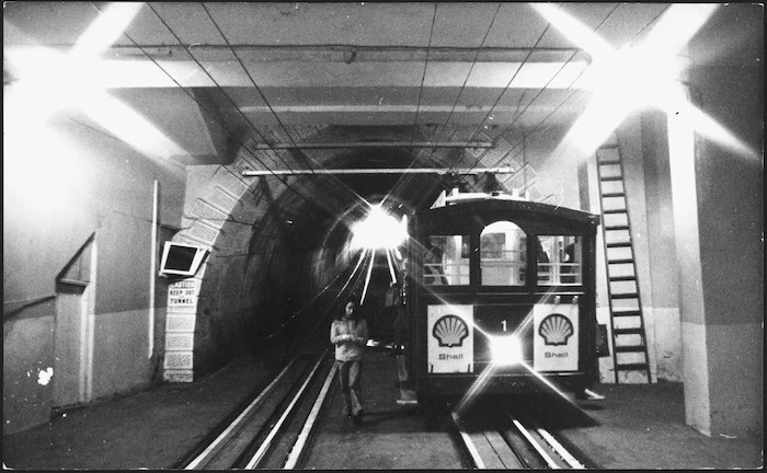 Cable car in city terminus tunnel, Wellington, New Zealand