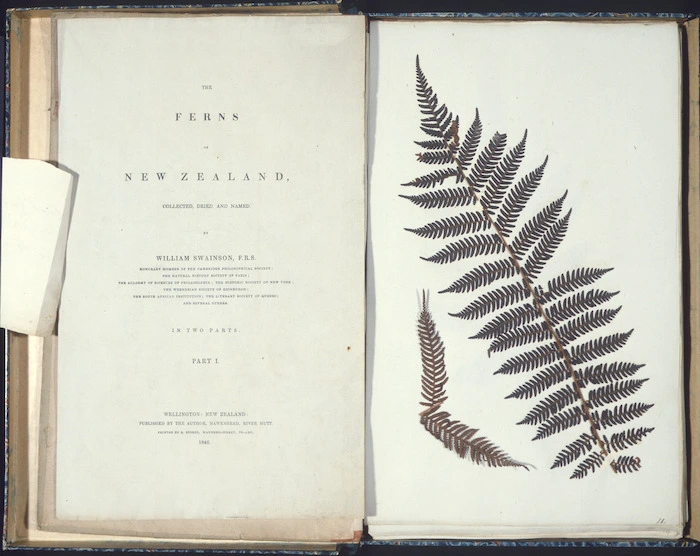 Swainson, William, 1789-1855 :The ferns of New Zealand ... Wellington, the author, 1846 [Title page, plus first page of dried fern specimen]
