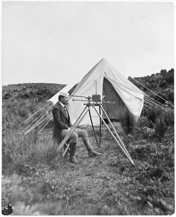 Dr Scott using a Zenith telescope on the Chatham Islands, during the 1874 United States expedition to observe the transit of Venus