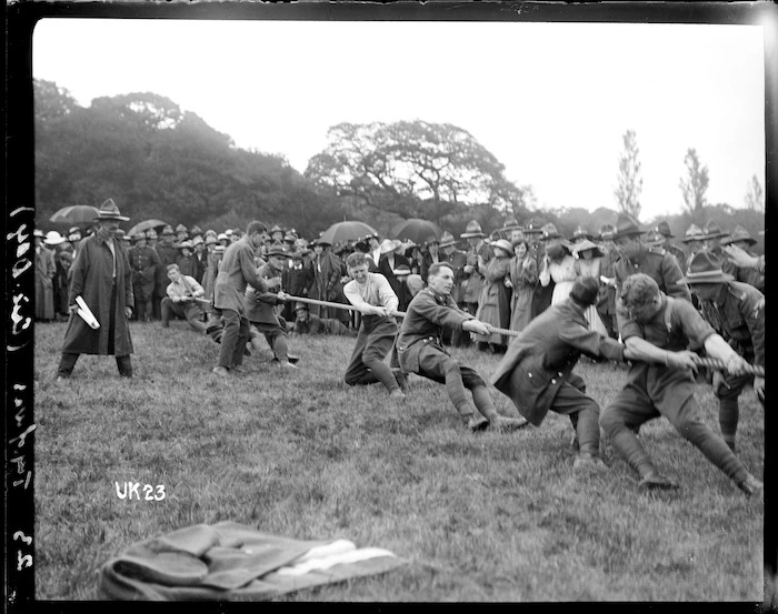 Tug of war at a New Zealand camp, World War I