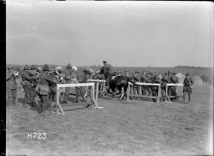 The mounted officers' riding event at the New Zealand Divisional sports in France, World War I
