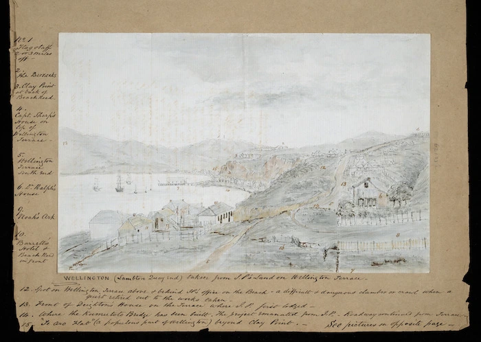 Pearse, John, 1808-1882 :Wellington (Lambton Quay end) taken from J. P.'s land on Wellington Terrace [1855]