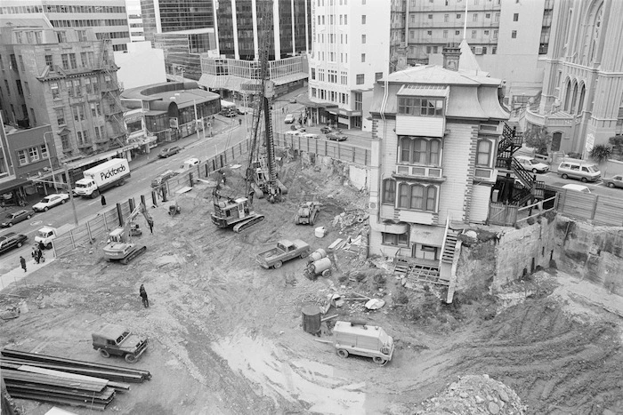 Construction site on the corner of Willis and Boulcott Streets, Wellington - Photograph taken by John Nicholson