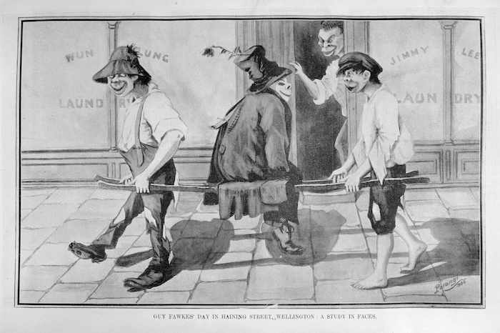 Guy Fawkes day in Haining Street, Wellington; a study in faces, an illustration by Porangi