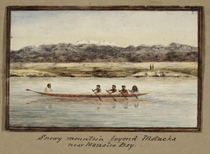 Pearse, John, 1808-1882 :[Nelson district. 1851] Snowy mountains beyond Motueka near Massacre Bay