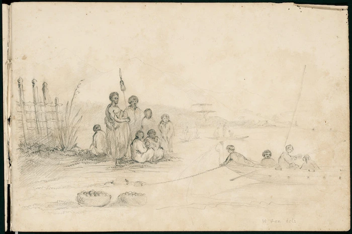 Fox, William 1812-1893 :[Maori on shore watching a canoe beach. Kits of food beside the group. 1845?]