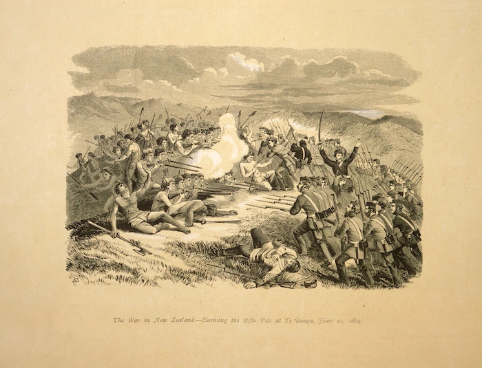 Chevalier, Nicholas, 1828-1902 :The war in New Zealand - storming the rifle pits at Te Ranga, June 21 1864. [London, 1865]