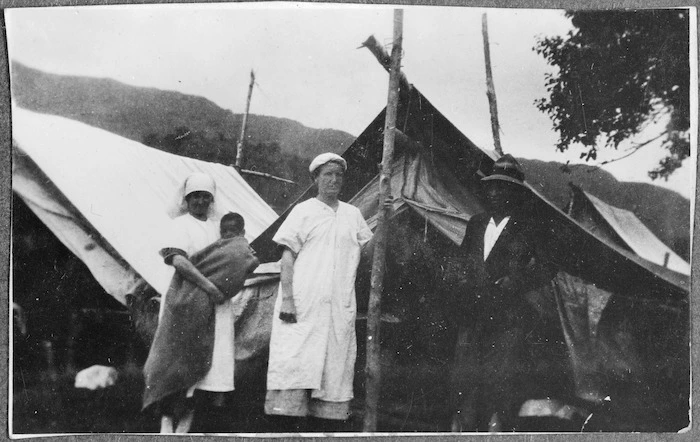 Typhoid camp, Maungapohatu, with Sister Annie Henry centre
