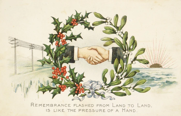 [Postcard]. Remembrance flashed from land to land is like the pressure of a hand. [Christmas postcard. ca 1900].