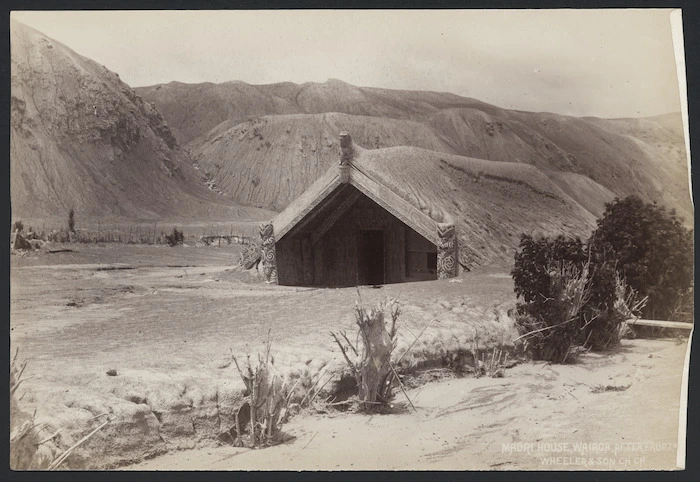 Hinemihi meeting house at Te Wairoa, after the Mt Tarawera eruption - Photograph taken by Edmund Wheeler and Son