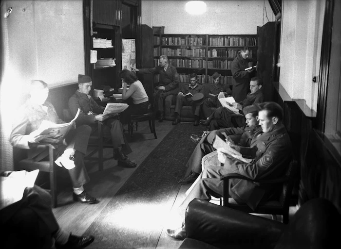 United States troops reading books and newspapers at the Hotel Cecil in Wellington during World War II