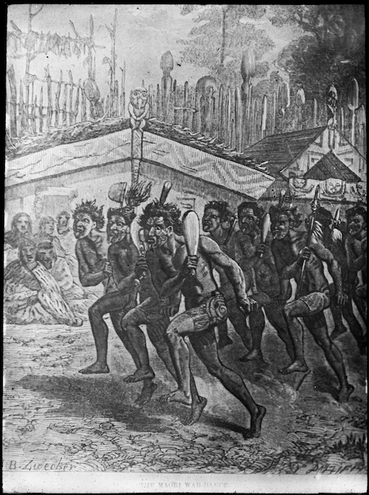 Maori war dance, time of early missionaries; a woodcut by J B Zwecker