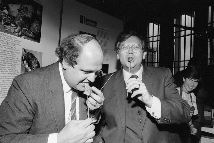 David Lange and Mike Moore eating lamb kebabs - Photograph taken by John Nicholson