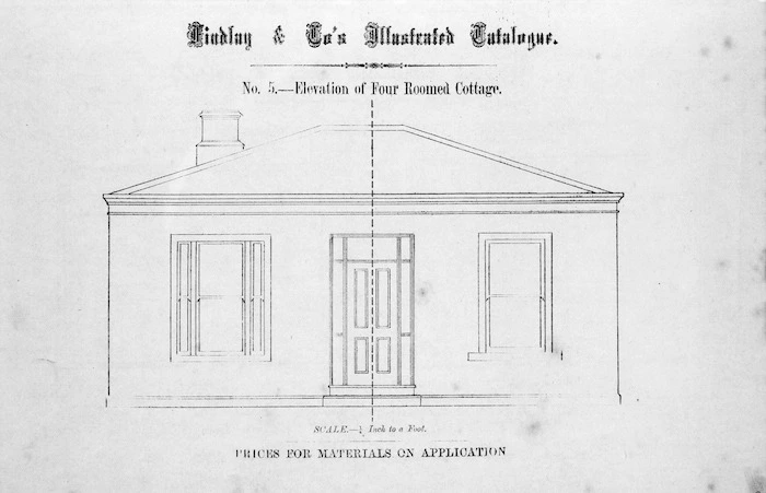 Findlay & Co. :Findlay and Co's illustrated catalogue. No. 5. Elevation of four roomed cottage. Scale 1/4 inch to a foot. Prices for material on application. [1874]