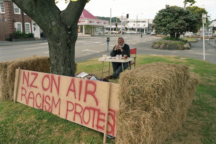 Barry Barclay protesting outside New Zealand on Air office - Photograph taken by Phil Reid