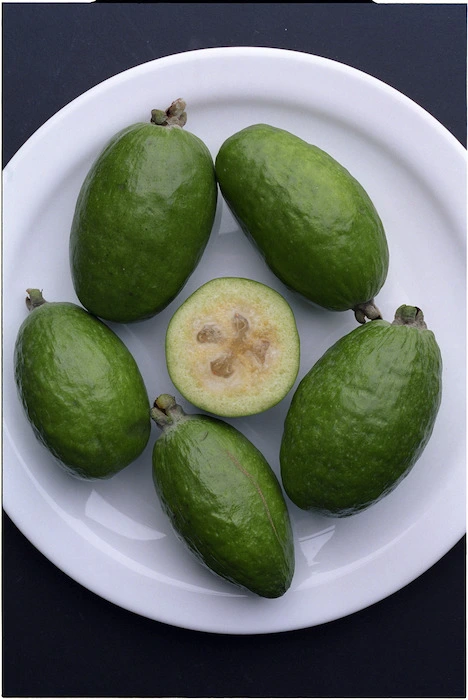 A plate containing feijoas - Photograph taken by Phil Reid
