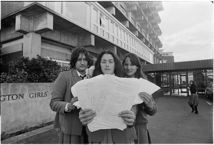 Maori pupils of Wellington Girls College with petition - Photograph taken by Peter Avery