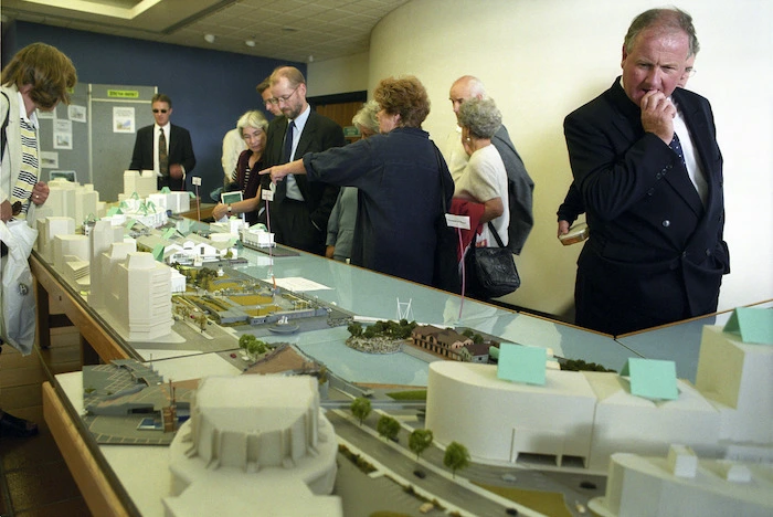 Members of the public view a model of proposed development to Wellington's waterfront