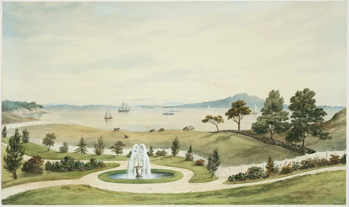 Hoyte, John Barr Clark, 1835-1913 :[Auckland Harbour and Rangitoto Island from the garden of Harry Cobley's house] [1870?]