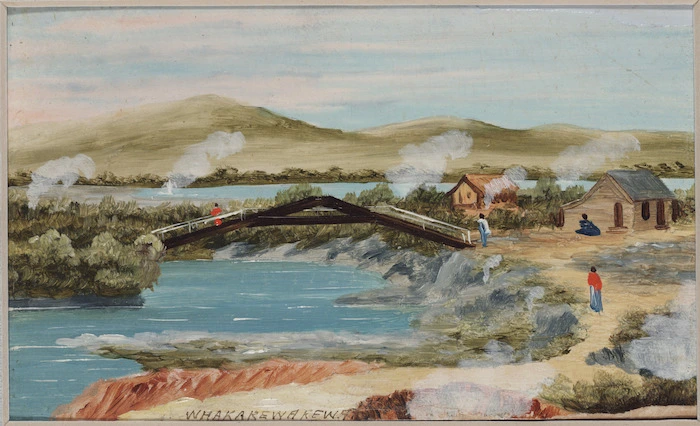 Backhouse, John Philemon, 1845-1908 :Whakarewarewa. The old bridge and toll-house, Whakarewarewa Rotorua. [1880s?]