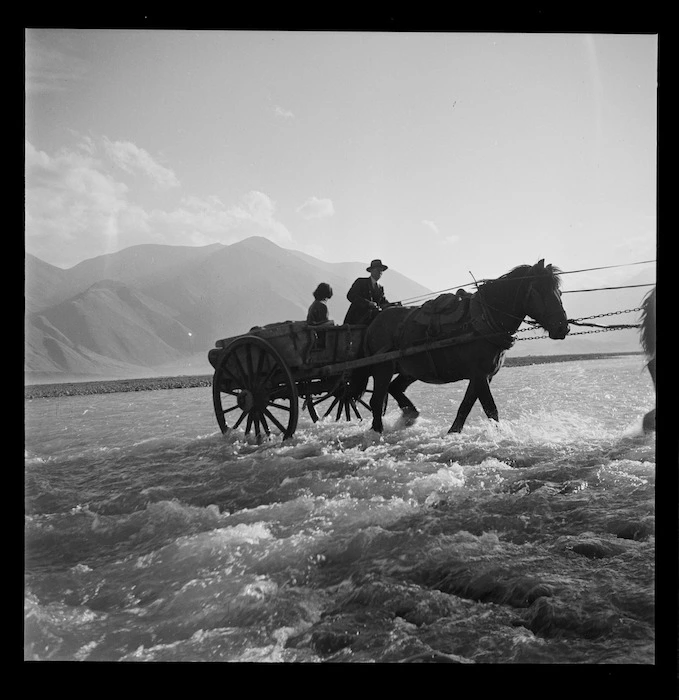 Two horse cart crossing the Rakaia River