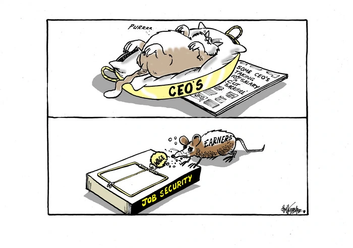 A fat cat sleeping happily in the 'CEOS' basket while taking a 10% salary cut as the 'Earners' mouse nibbles on a small 'wage' bait in the mousetrap of 'Job security'