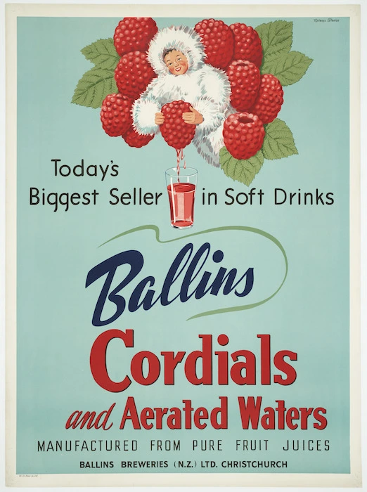 New Zealand Railways. Publicity Branch: Today's biggest seller in soft drinks. Ballins cordials and aerated waters, manufactured from pure fruit juices / Railways Studios. Ballins Breweries (N.Z.) Ltd., Christchurch. Ch.Ch. Press Co., Ltd [1950s?]