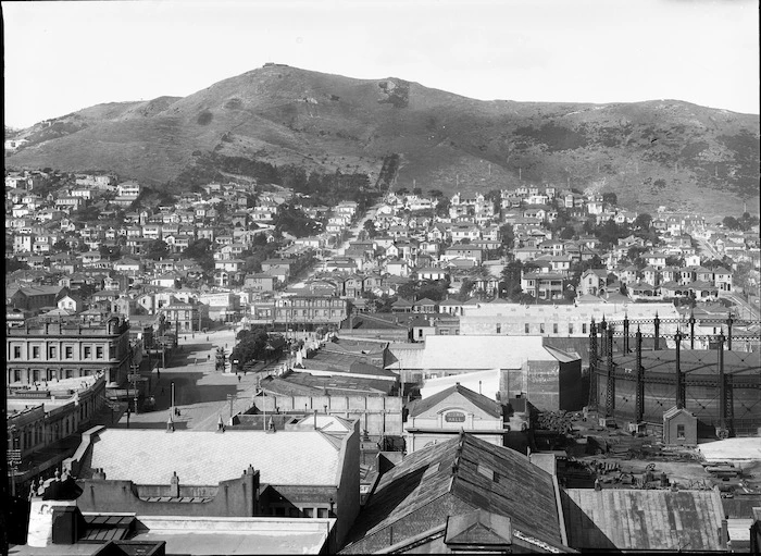 Rooftops of Courtenay Place, Wellington, looking towards houses in Mount Victoria