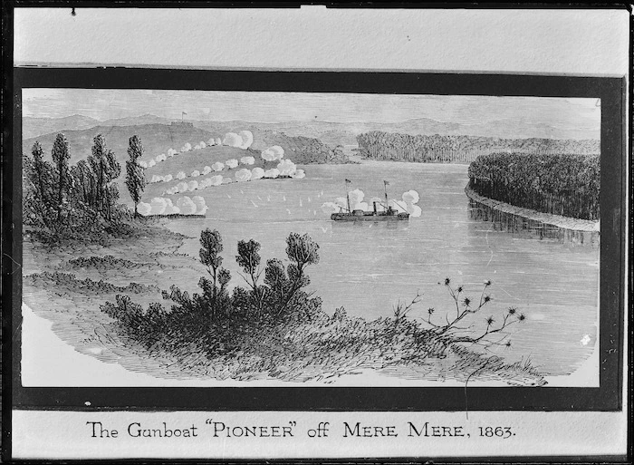 Illustration of the gunboat Pioneer off Meremere