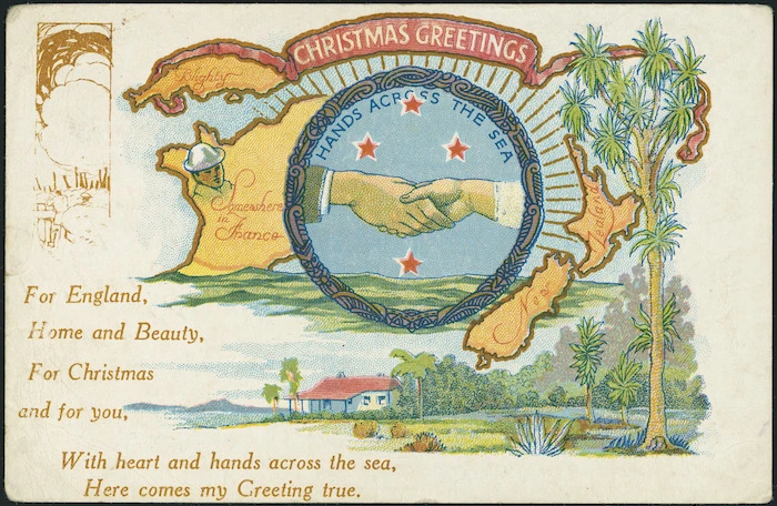 Postcard. Christmas greetings. Hands across the sea. NZ Postcard published by Frank Duncan & Co., High St., Auckland. [1917]