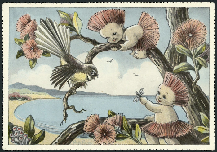 Acres, Avis, 1910-1994 :New Zealand flower babies. Hutu and Kawa the Pohutukawa babies find a happy playmate in the clever Fantail who visits them in their treetop home by the seashore. [ca 1955].