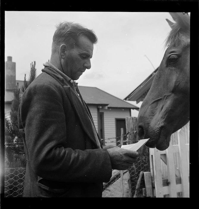 Laurie Walker and horse, Manuka point Station