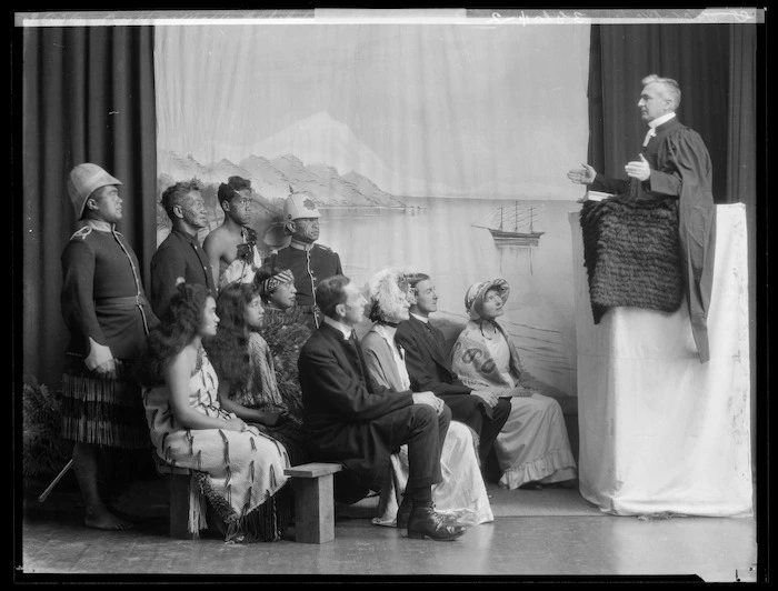 Tableau, re-enacting Maori and Europeans attending a New Zealand church service held by an early Christian missionary, at the East and West Missionary Exhibition, Wellington Town Hall