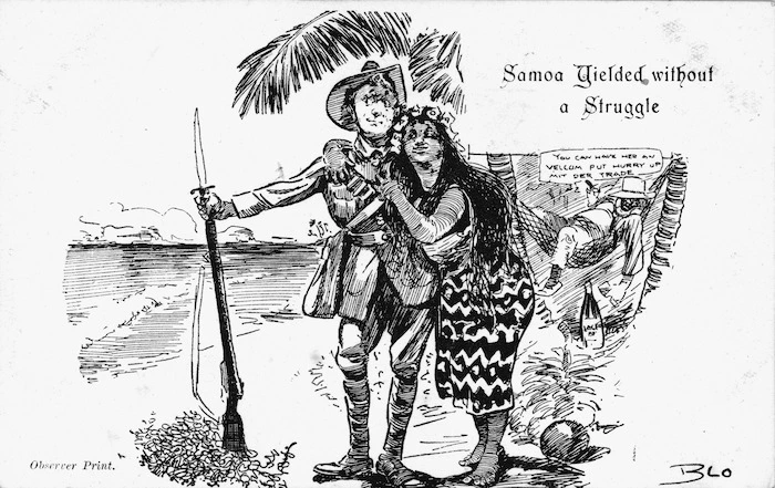 Blomfield, W, 1866-1938 :[Postcard] Samoa yielded without a struggle / Observer Print. [1914].