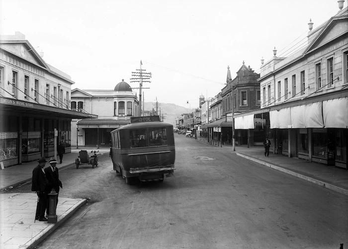 Looking down Jackson Street, Petone, with Stirton's Music Store and the Alexandra Building in the foreground