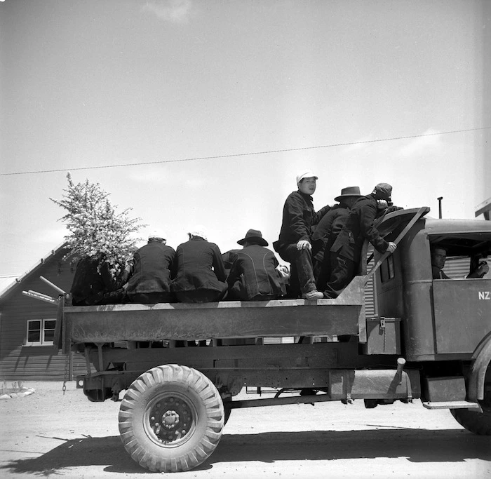 Japanese prisoners of war returning to camp near Featherston by truck after a days work