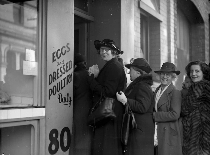 Women queuing for rationed goods during World War 2, outside Salisbury's on Dixon Street, Wellington