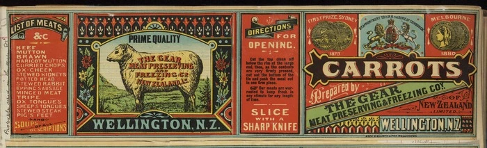 Gear Meat Company :Prime quality. The Gear Meat Preserving and Freezing Co. of New Zealand Ld. Wellington, N.Z. [Sheep. 1880-1890].